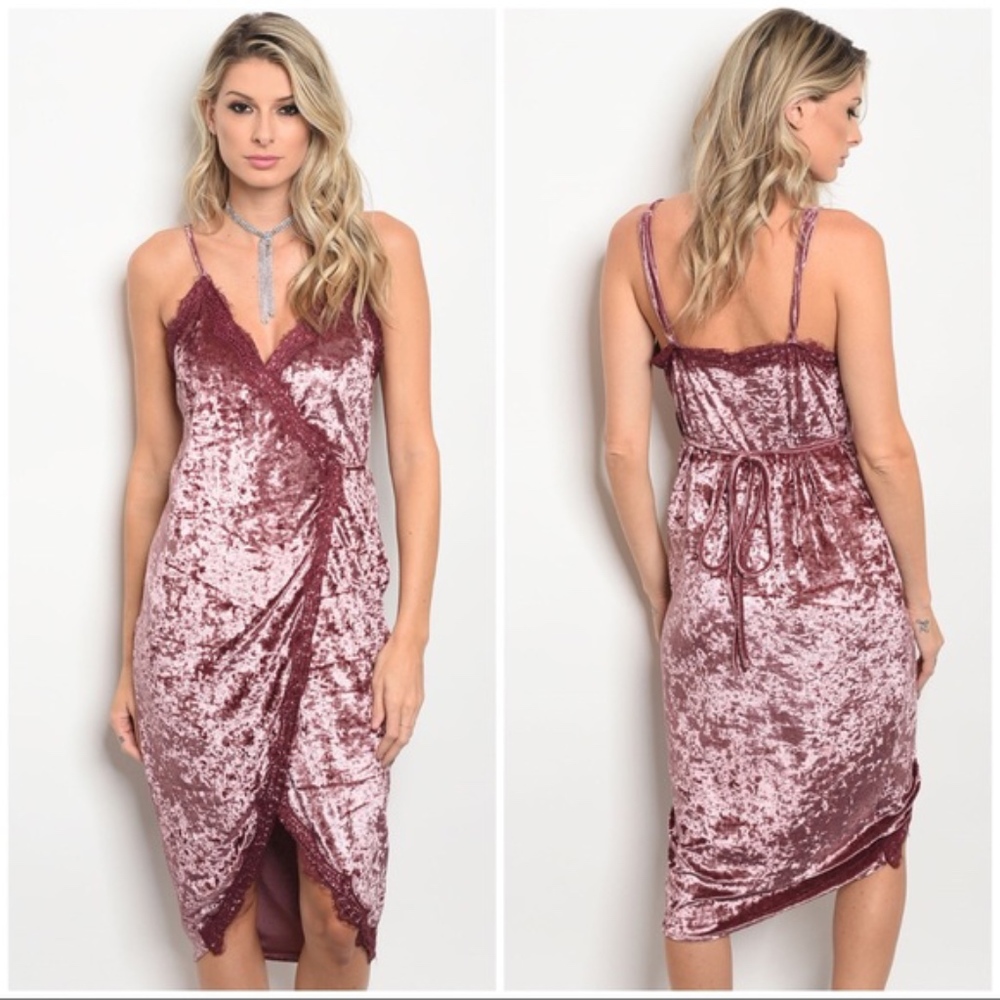 Dress Midi Crushed Velvet Lace Bohemian Wrap Pink Sizes S M